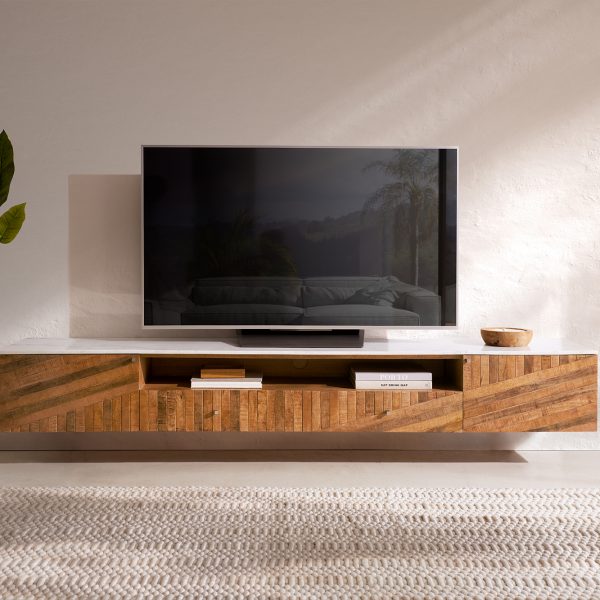 TV stolek Bahan 220 cm mango teak 2 dvířka 2 šuplíky 1 přihrádka mramor bílá