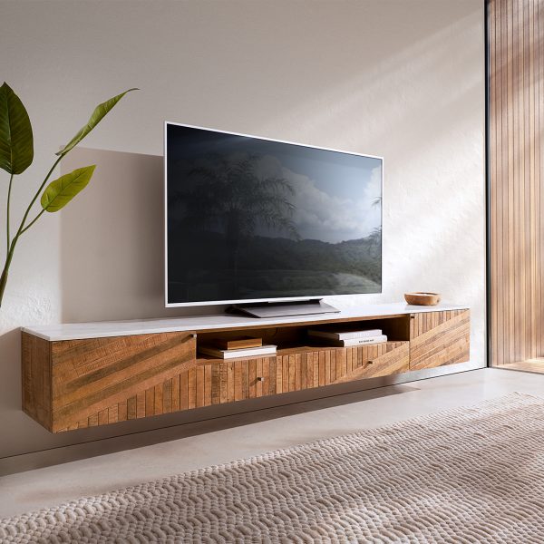 TV stolek Bahan 220 cm mango teak 2 dvířka 2 šuplíky 1 přihrádka mramor bílá