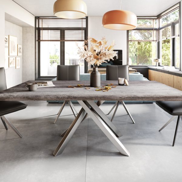 Jídelní stůl Edge 200×100 XL Akácie Platinum Cross Rám Rectangle Nerezová Ocel nepravidelná hrana