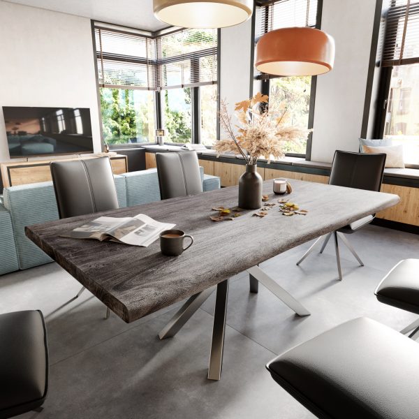 Jídelní stůl Edge 200×100 XL Akácie Platinum Cross Rám Rectangle Nerezová Ocel nepravidelná hrana
