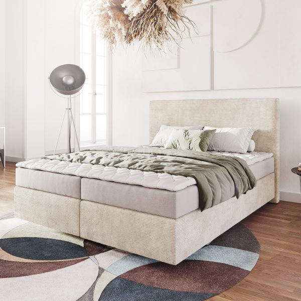 Postel Boxspring Dream-Well 160×200 cm manšestr béžový s matrací a topperem