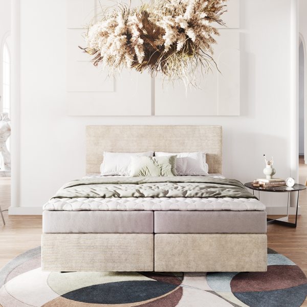 Postel Boxspring Dream-Well 160×200 cm manšestr béžový s matrací a topperem