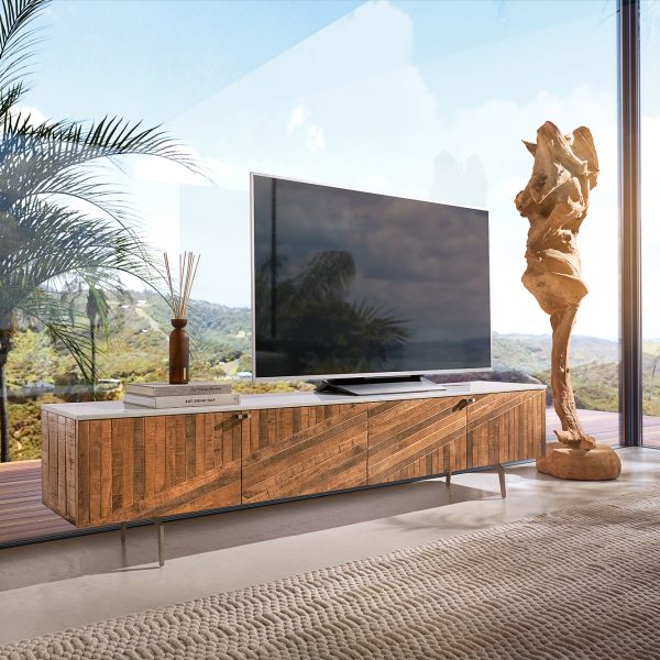 TV stolek Bahan 200 cm mango ve stylu teakového dřeva 4 dvířka mramor bílý
