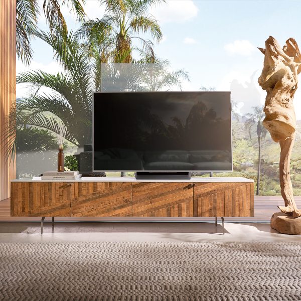 TV stolek Bahan 200 cm mango ve stylu teakového dřeva 4 dvířka mramor bílý
