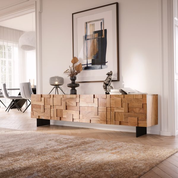 TV stolek Puzzle 220 cm přírodní akácie 4 dvířka závěsný černá podnož kov