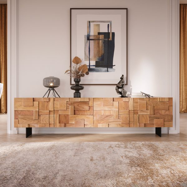 TV stolek Puzzle 220 cm přírodní akácie 4 dvířka závěsný černá podnož kov
