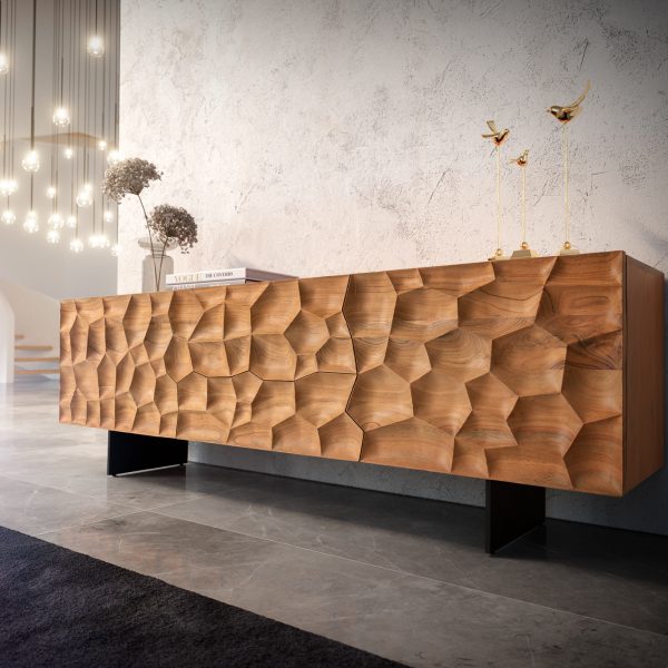 TV stolek Solu 175 cm přírodní akácie 2 dvířka 2 šuplíky 3D černý kov