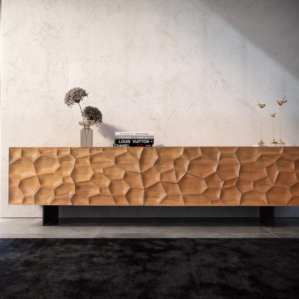 TV stolek Solu 220 cm přírodní akácie 2 dvířka 4 šuplíky 3D černý kov