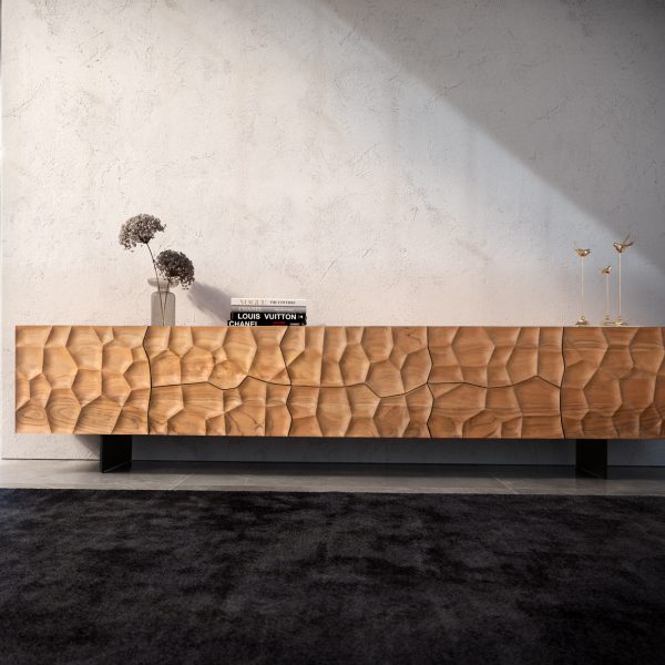 TV stolek Solu 260 cm přírodní akácie 2 dvířka 6 zásuvek 3D černý kov