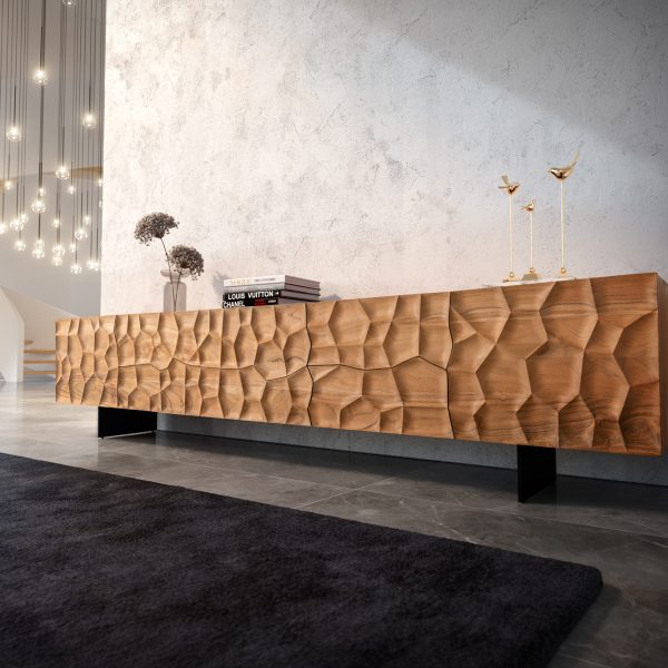 TV stolek Solu 260 cm přírodní akácie 2 dvířka 6 zásuvek 3D černý kov