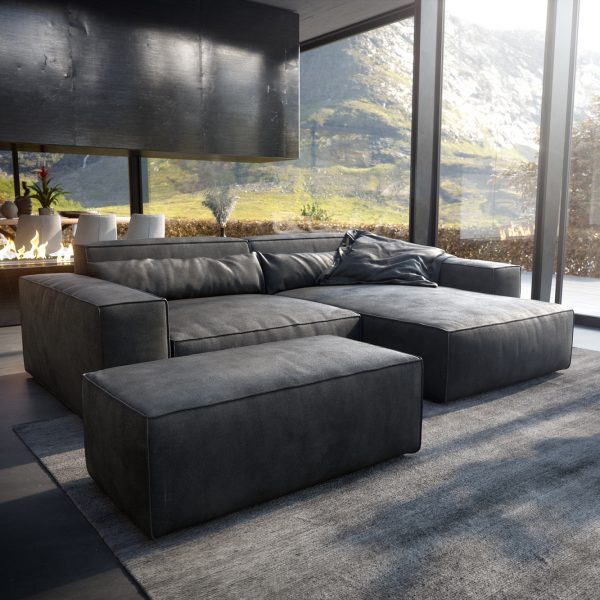 Rohová sedací souprava Sirpio XL 270×180 cm Umělá kůže Vintage Anthracite Recamiere Variable s taburetem