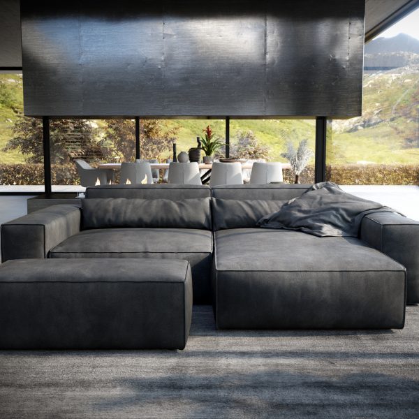 Rohová sedací souprava Sirpio XL 270×180 cm Umělá kůže Vintage Anthracite Recamiere Variable s taburetem