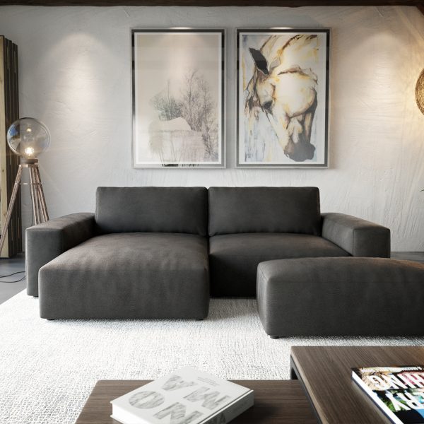 Rohová sedací souprava Lanzo XL 280×180 cm Umělá kůže Vintage Anthracite Recamiere Variable s taburetem