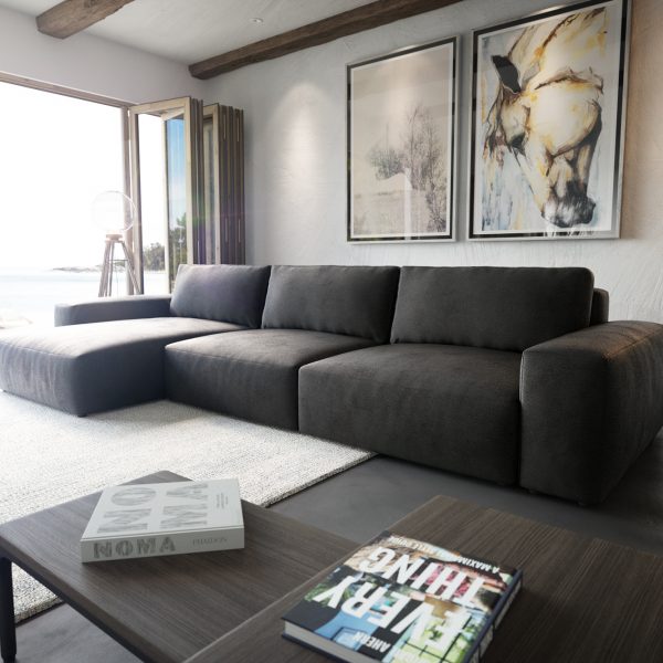 Rohová sedací souprava Lanzo XL 390×180 cm Umělá kůže Vintage Anthracite Recamiere Variabilní