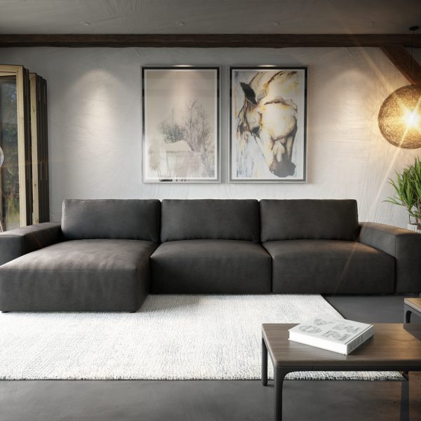Rohová sedací souprava Lanzo XL 390×180 cm Umělá kůže Vintage Anthracite Recamiere Variabilní