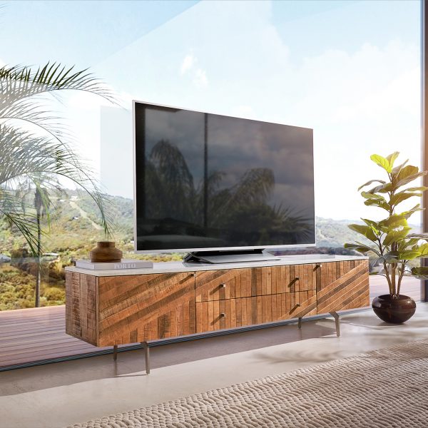 TV stolek Bahan 175 cm mango teak 2 dvířka 2 šuplíky mramor bílá