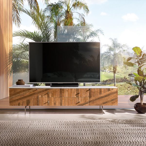 TV stolek Bahan 175 cm mango teak 2 dvířka 2 šuplíky mramor bílá