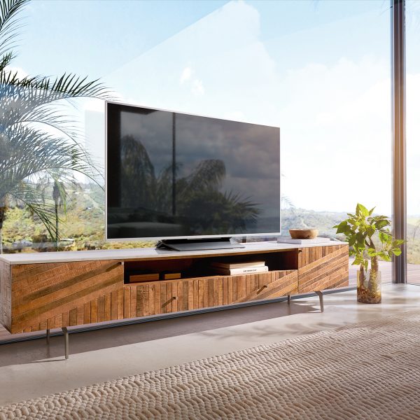 TV stolek Bahan 220 cm mango teak 2 dvířka 2 šuplíky 1 přihrádka mramor bílá
