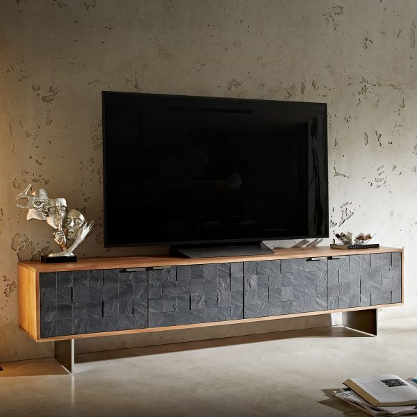 TV stolek Teele 200 cm přírodní akácie kamenná dýha 4 dvířka plochá podnož nerezová ocel