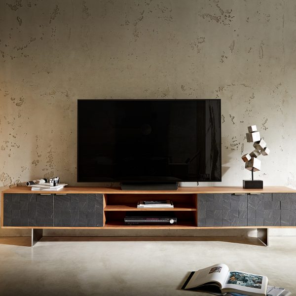 TV stolek Teele 240 cm přírodní akácie kamenná dýha 4 dvířka plochá podnož nerezová ocel