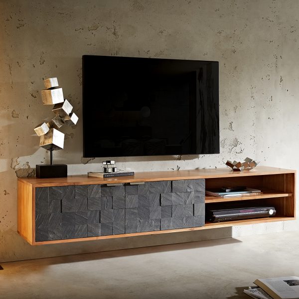 TV stolek Teele 160 cm přírodní akácie kamenná dýha 2 dvířka závěsný