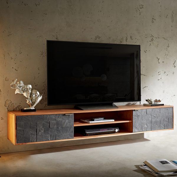 TV stolek Teele 200 cm přírodní akácie kamenná dýha 2 dvířka závěsný