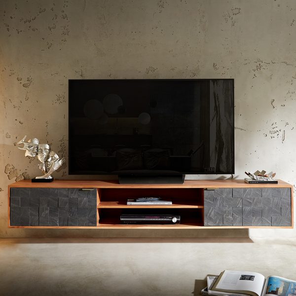 TV stolek Teele 200 cm přírodní akácie kamenná dýha 2 dvířka závěsný