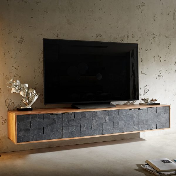 TV stolek Teele 200 cm přírodní akácie kamenná dýha 4 dvířka závěsný