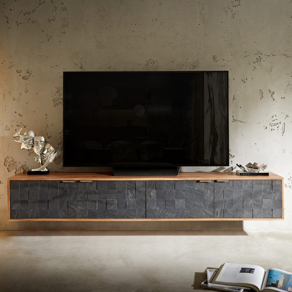 TV stolek Teele 200 cm přírodní akácie kamenná dýha 4 dvířka závěsný