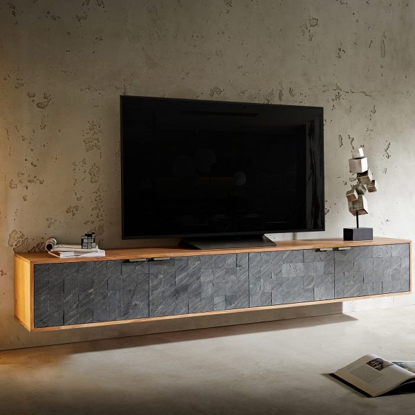 TV stolek Teele 220 cm přírodní akácie kamenná dýha 4 dvířka závěsný