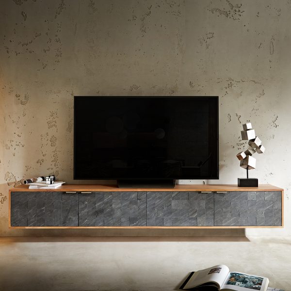 TV stolek Teele 220 cm přírodní akácie kamenná dýha 4 dvířka závěsný
