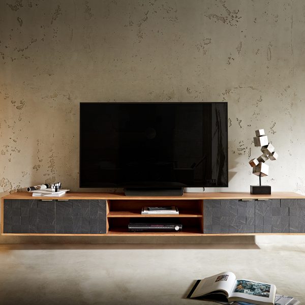 TV stolek Teele 240 cm přírodní akácie kamenná dýha 4 dvířka závěsný
