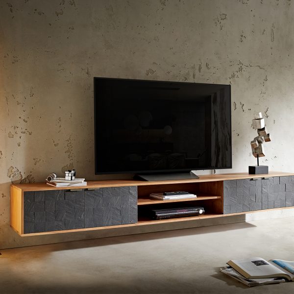 TV stolek Teele 240 cm přírodní akácie kamenná dýha 4 dvířka závěsný