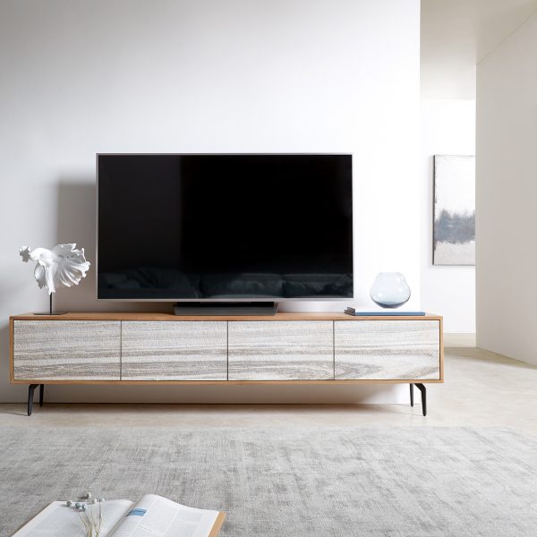 TV stolek Kleo 200 cm přírodní akácie 4 dvířka šikmá černá podnož kov