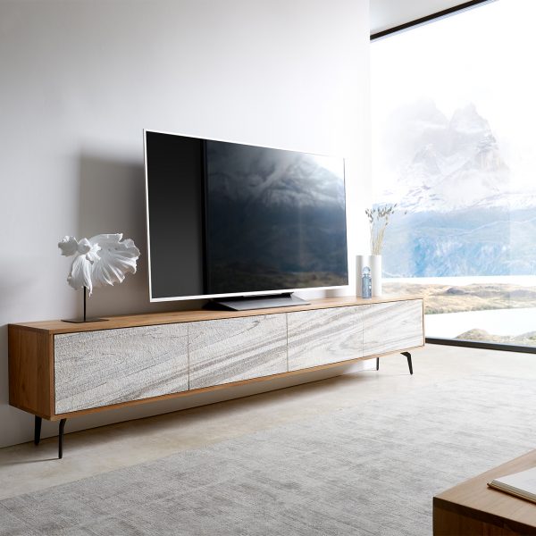 TV stolek Kleo 220 cm přírodní akácie 4 dvířka šikmá černá podnož kov