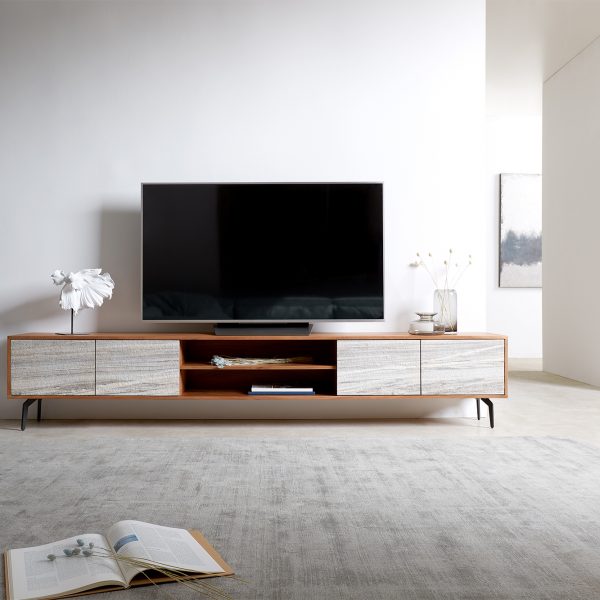 TV stolek Kleo 240 cm přírodní akácie 4 dvířka šikmá černá podnož kov