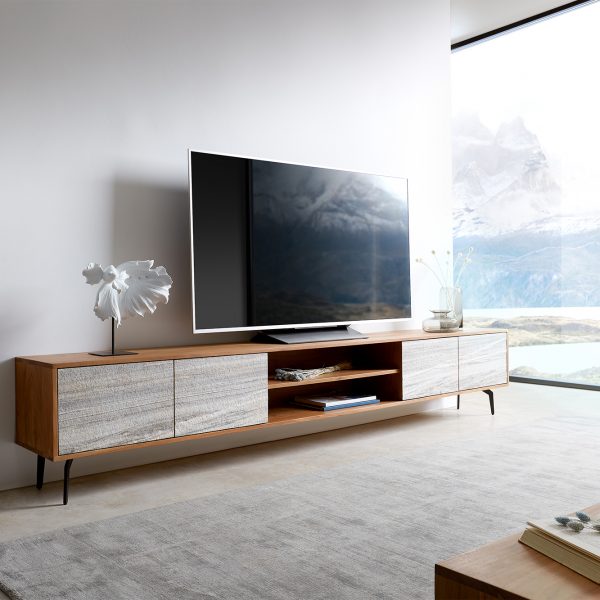 TV stolek Kleo 240 cm přírodní akácie 4 dvířka šikmá černá podnož kov