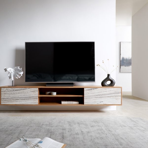 TV stolek Kleo 200 cm přírodní akácie 2 dvířka závěsný