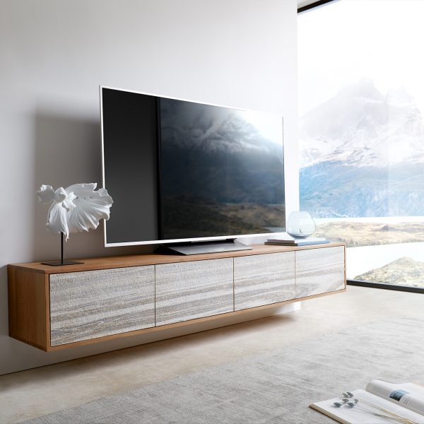 TV stolek Kleo 200 cm přírodní akácie 4 dvířka závěsný