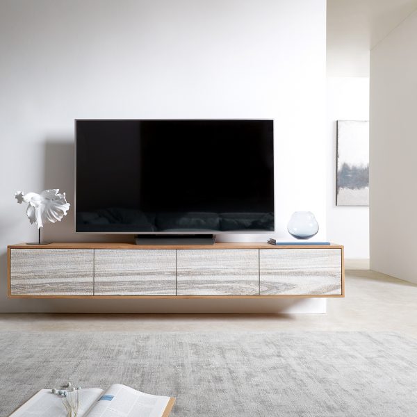 TV stolek Kleo 200 cm přírodní akácie 4 dvířka závěsný