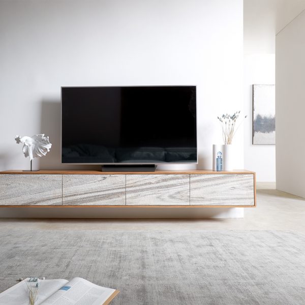 TV stolek Kleo 220 cm přírodní akácie 4 dvířka závěsný