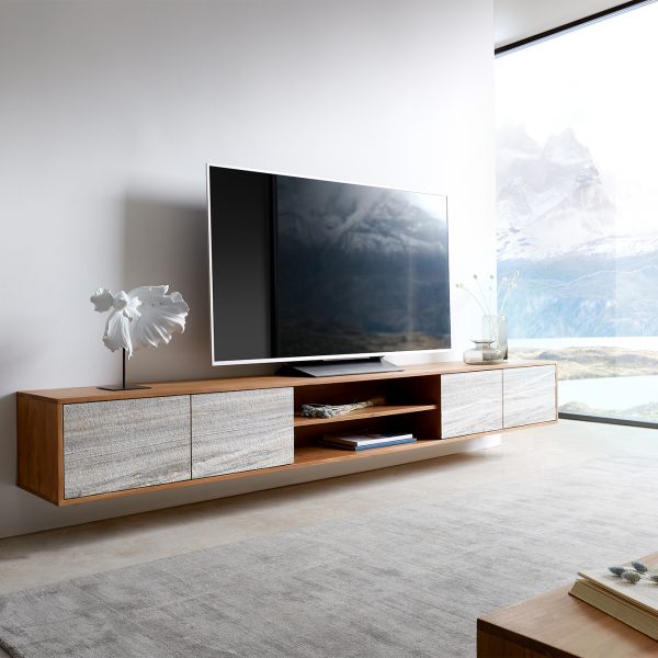 TV stolek Kleo 240 cm přírodní akácie 4 dvířka závěsný