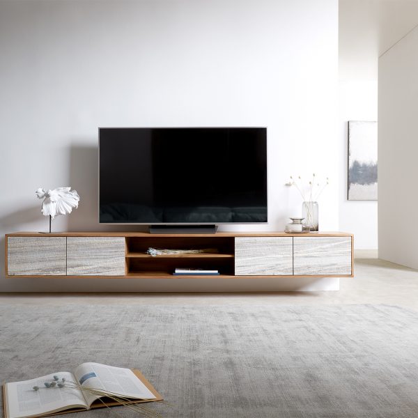 TV stolek Kleo 240 cm přírodní akácie 4 dvířka závěsný
