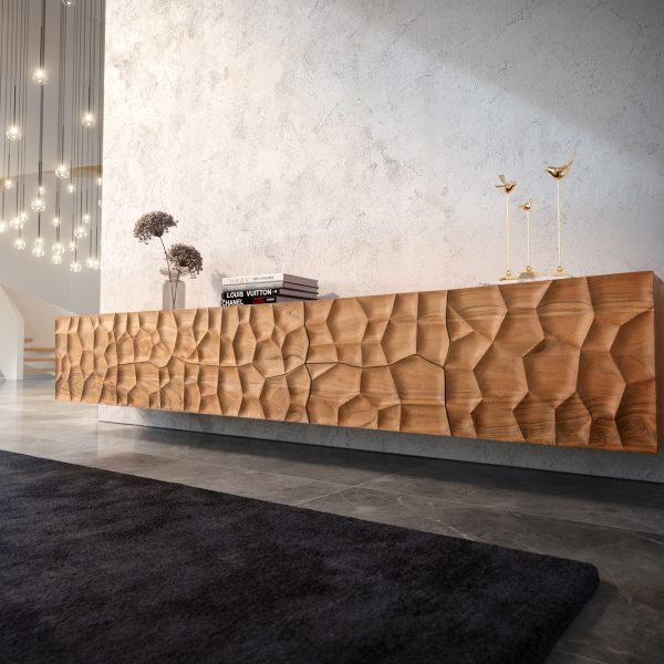 TV stolek Solu 260 cm přírodní akácie 2 dvířka 6 zásuvek 3D závěsný