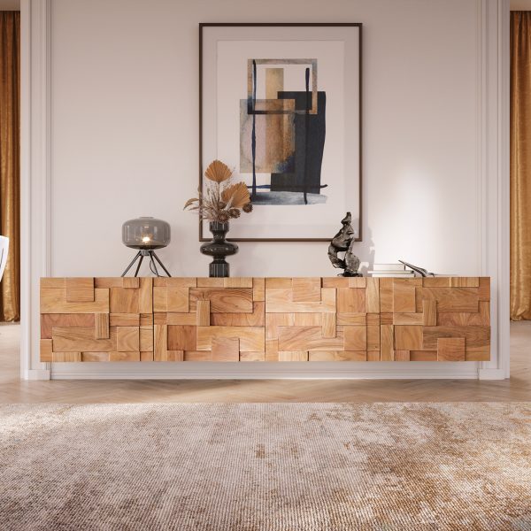 TV stolek Puzzle 220 cm přírodní akácie 4 dvířka závěsný