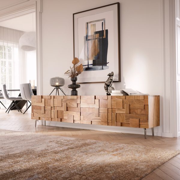 TV stolek Puzzle 220 cm přírodní akácie 4 dvířka šikmá podnož nerezová ocel