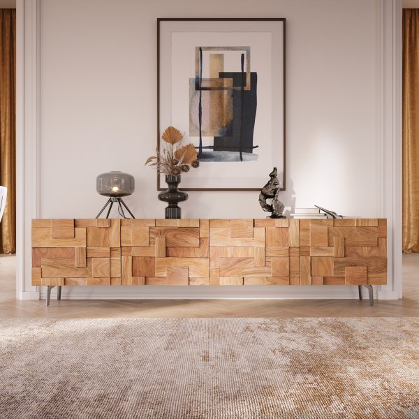 TV stolek Puzzle 220 cm přírodní akácie 4 dvířka šikmá podnož nerezová ocel