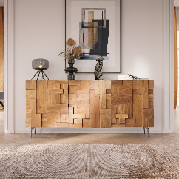 Příborník Puzzle 175 cm přírodní akácie 3 dvířka šikmá podnož nerezová ocel