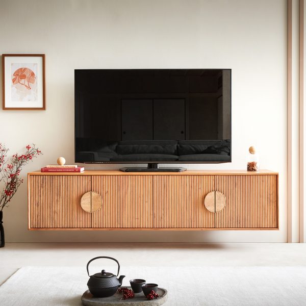 TV stolek Surimu 175x40x40 cm akácie světle hnědá 4 dvířka korkové madlo závěsný