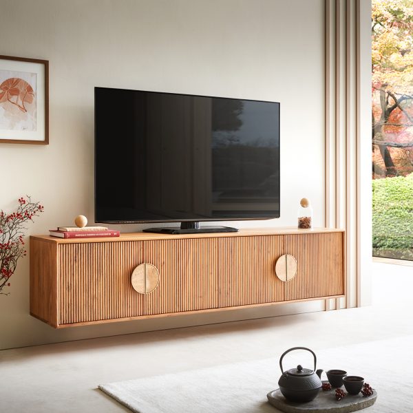 TV stolek Surimu 175x40x40 cm akácie světle hnědá 4 dvířka korkové madlo závěsný